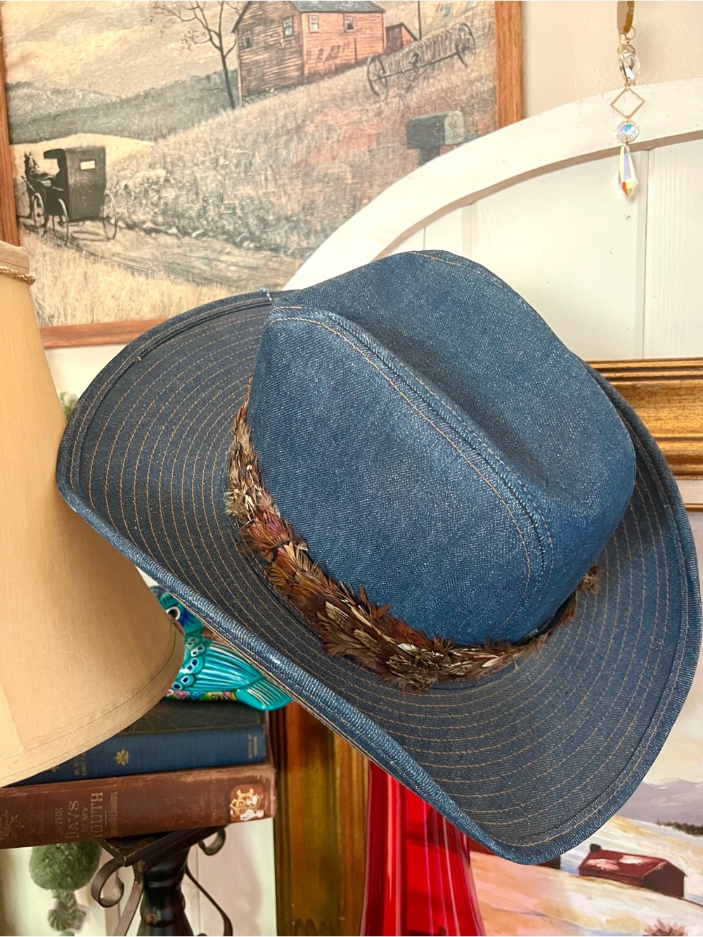 Vintage Artel Cowboy Hat Denim Feathered Rim Collar “A Hat With A Pedigree” SZ L - Picture 5 of 9